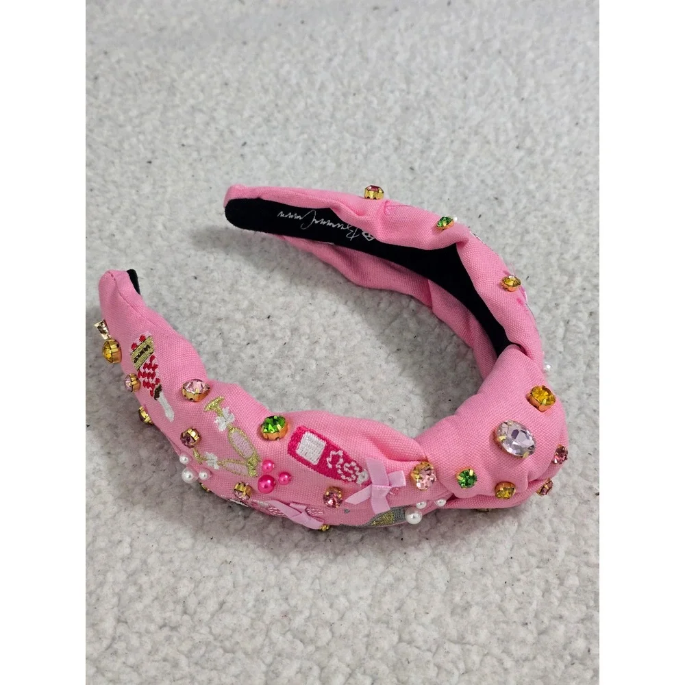 Brianna Cannon Pink Champagne Party Headband Crystals Pearls Embroidered Knotted